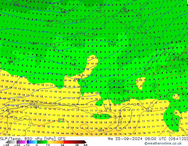 SLP/Temp. 850 hPa GFS St 25.09.2024 06 UTC