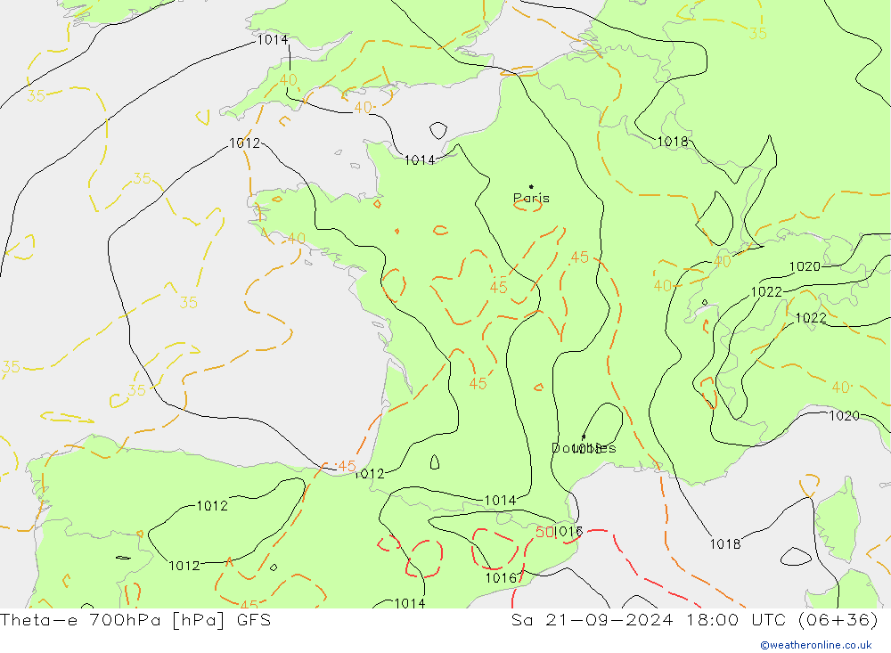 Theta-e 700hPa GFS Cts 21.09.2024 18 UTC