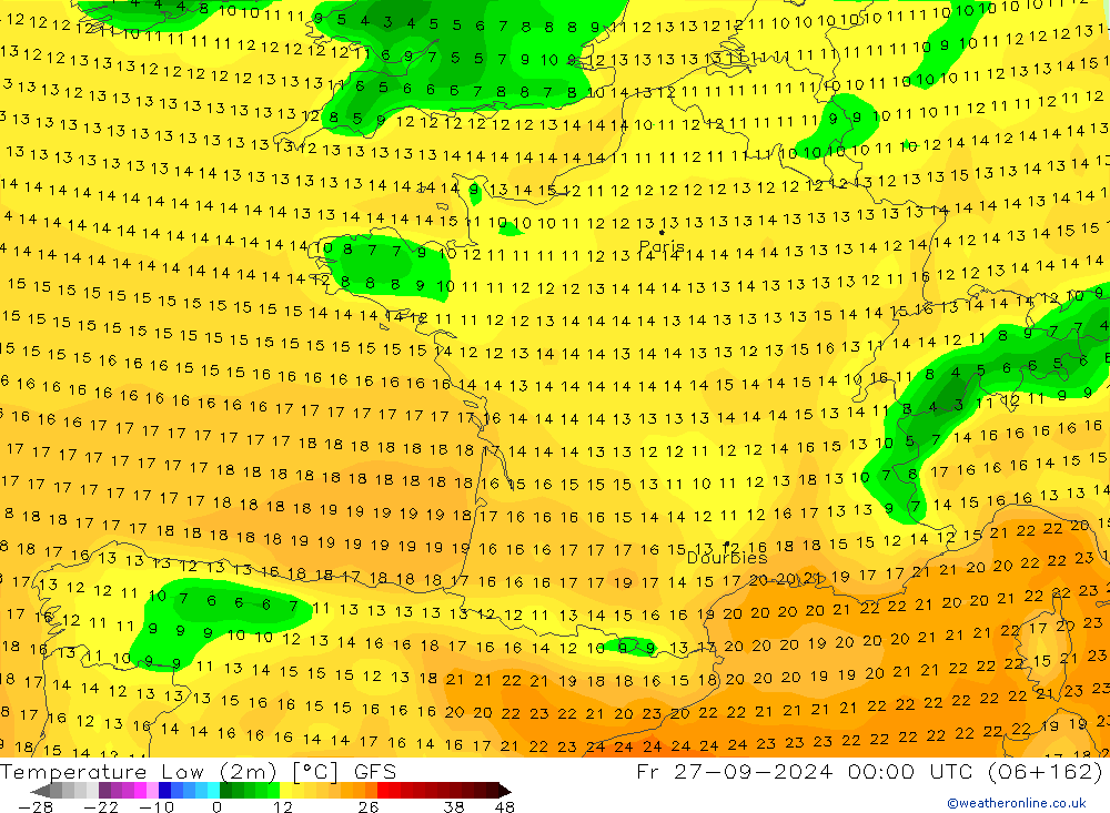 Temp. minima (2m) GFS ven 27.09.2024 00 UTC