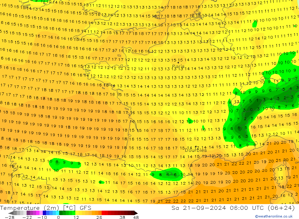 température (2m) GFS sam 21.09.2024 06 UTC