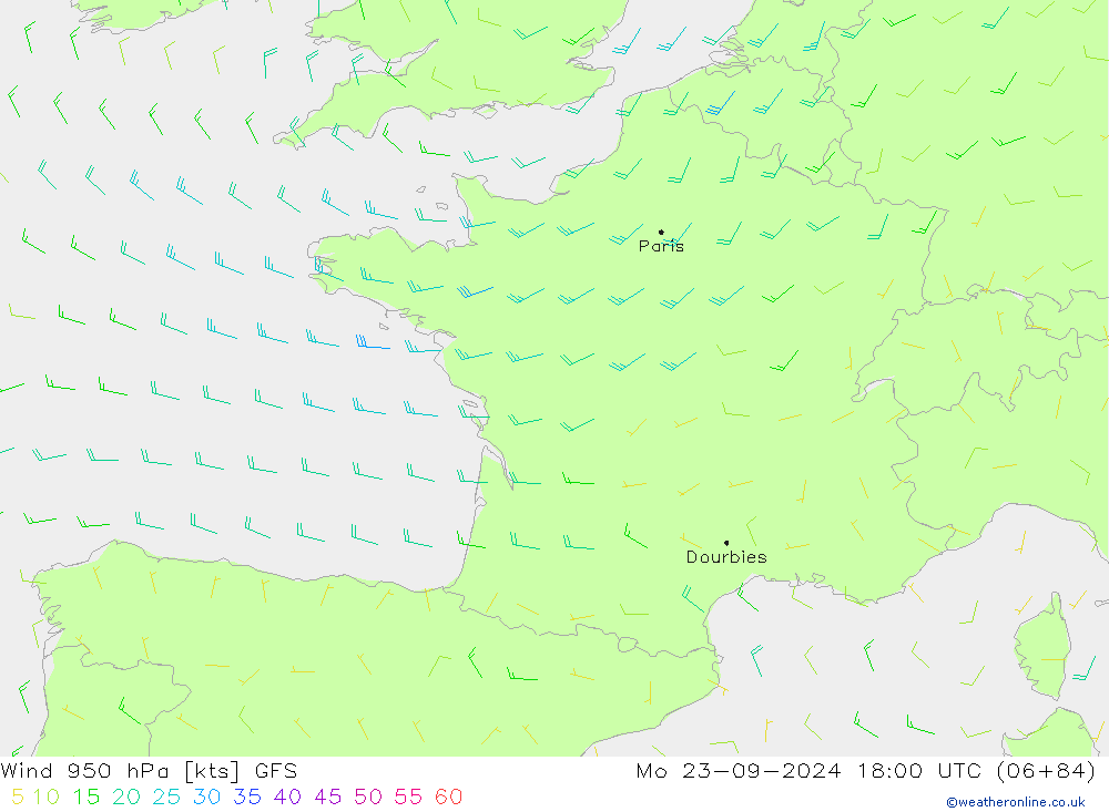 Wind 950 hPa GFS Mo 23.09.2024 18 UTC