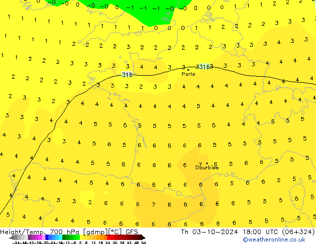 Height/Temp. 700 гПа GFS чт 03.10.2024 18 UTC