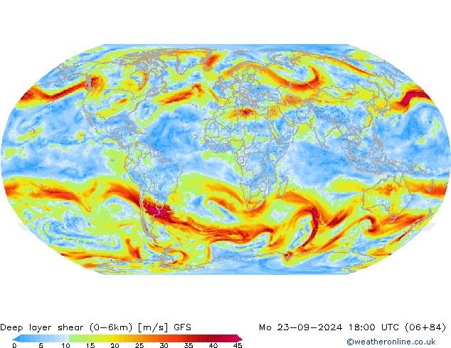 Deep layer shear (0-6km) GFS lun 23.09.2024 18 UTC