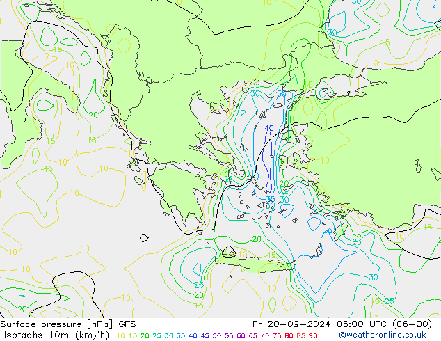 Isotachs (kph) GFS Fr 20.09.2024 06 UTC