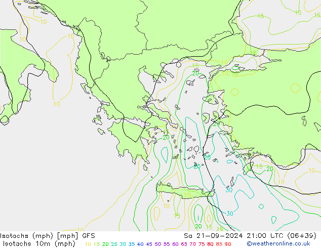 Isotachs (mph) GFS Sáb 21.09.2024 21 UTC