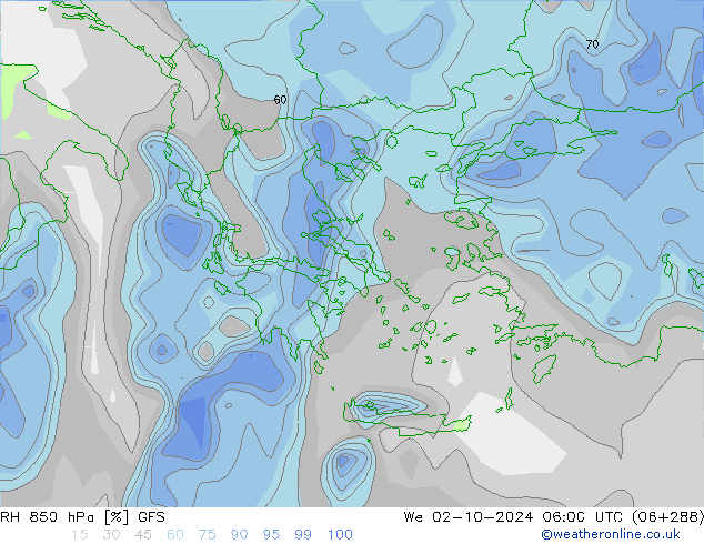 RH 850 hPa GFS Qua 02.10.2024 06 UTC