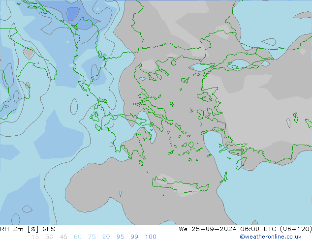 Humedad rel. 2m GFS mié 25.09.2024 06 UTC