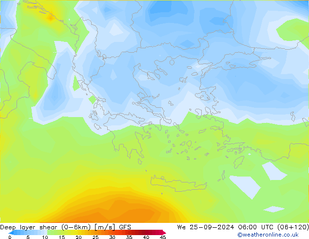 Deep layer shear (0-6km) GFS St 25.09.2024 06 UTC