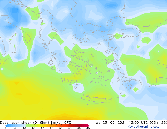 Deep layer shear (0-6km) GFS Qua 25.09.2024 12 UTC