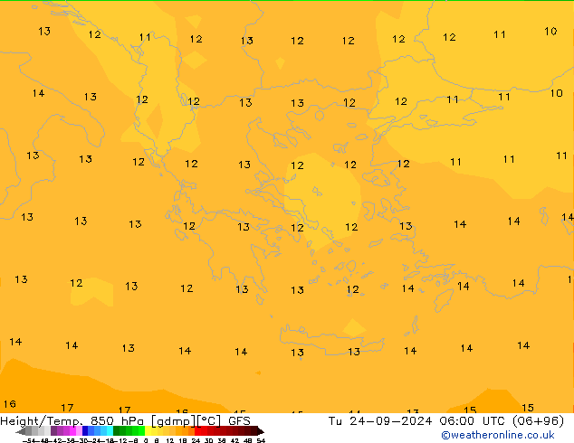 Height/Temp. 850 гПа GFS вт 24.09.2024 06 UTC