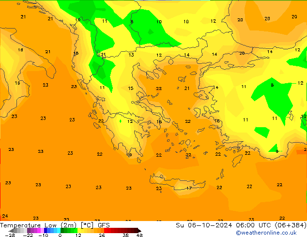 Nejnižší teplota (2m) GFS Ne 06.10.2024 06 UTC