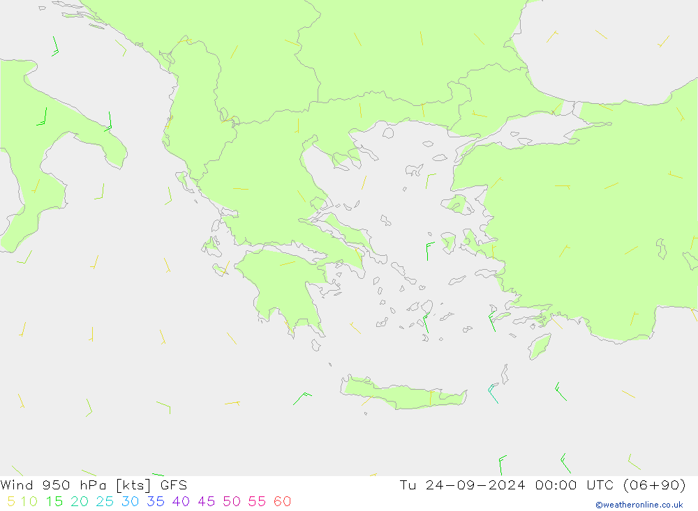 wiatr 950 hPa GFS wto. 24.09.2024 00 UTC