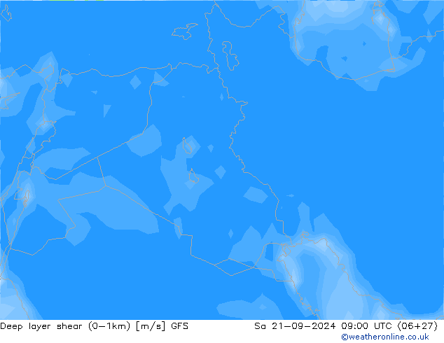 Deep layer shear (0-1km) GFS sáb 21.09.2024 09 UTC