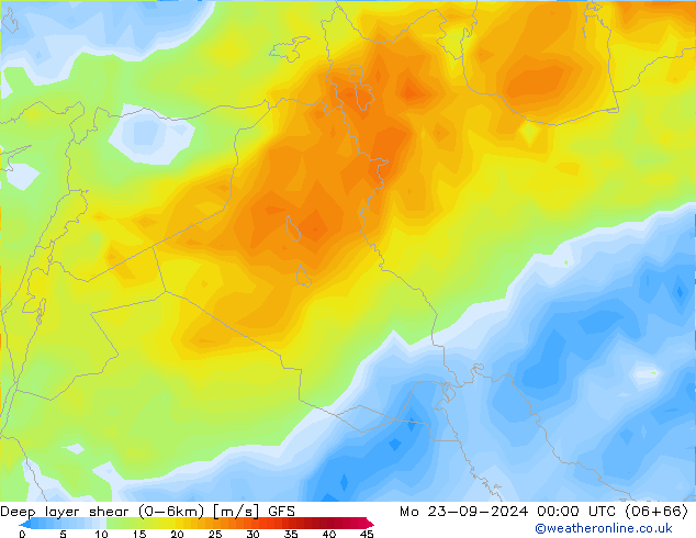 Deep layer shear (0-6km) GFS Mo 23.09.2024 00 UTC