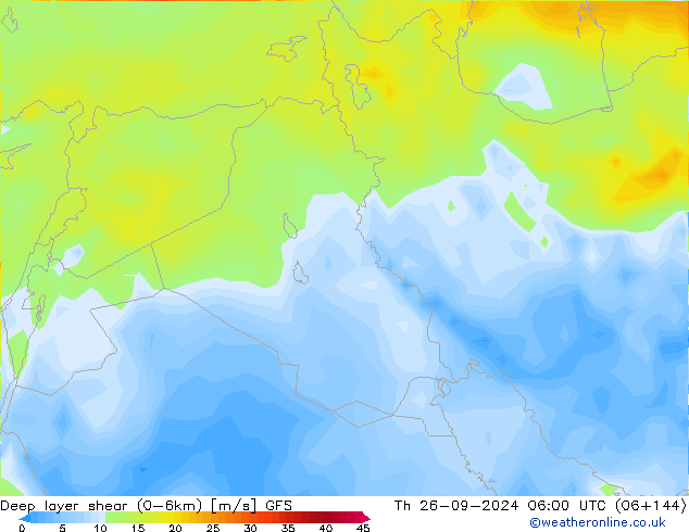 Deep layer shear (0-6km) GFS чт 26.09.2024 06 UTC