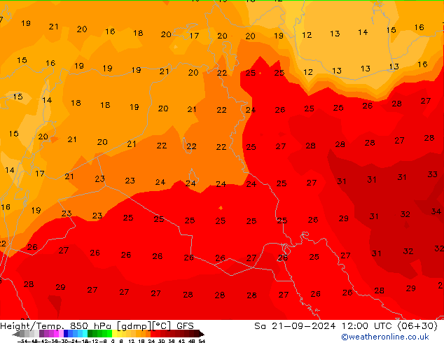 Geop./Temp. 850 hPa GFS sáb 21.09.2024 12 UTC