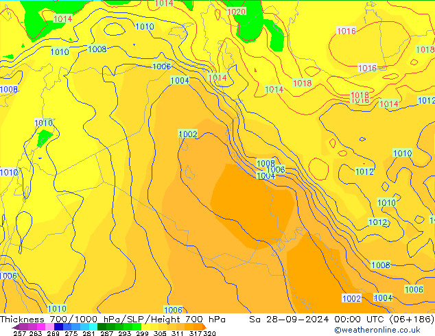 Thck 700-1000 hPa GFS sab 28.09.2024 00 UTC