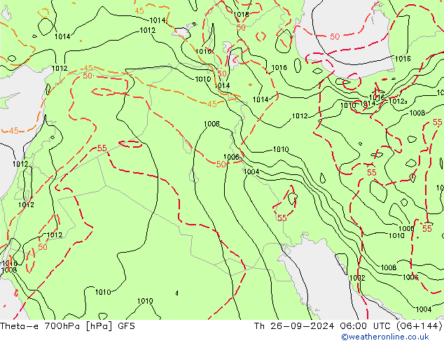 Theta-e 700hPa GFS czw. 26.09.2024 06 UTC