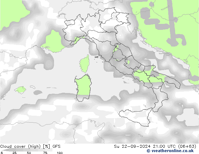 Cloud cover (high) GFS Su 22.09.2024 21 UTC