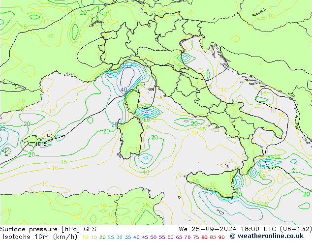 Isotachs (kph) GFS We 25.09.2024 18 UTC