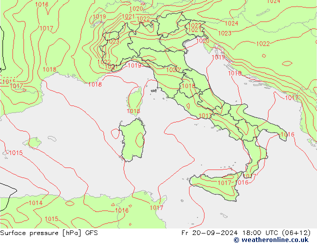 Presión superficial GFS vie 20.09.2024 18 UTC