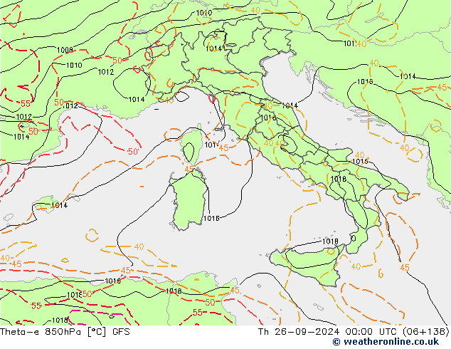 Theta-e 850hPa GFS czw. 26.09.2024 00 UTC