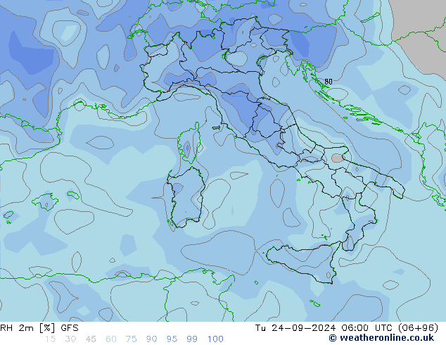 RH 2m GFS Út 24.09.2024 06 UTC