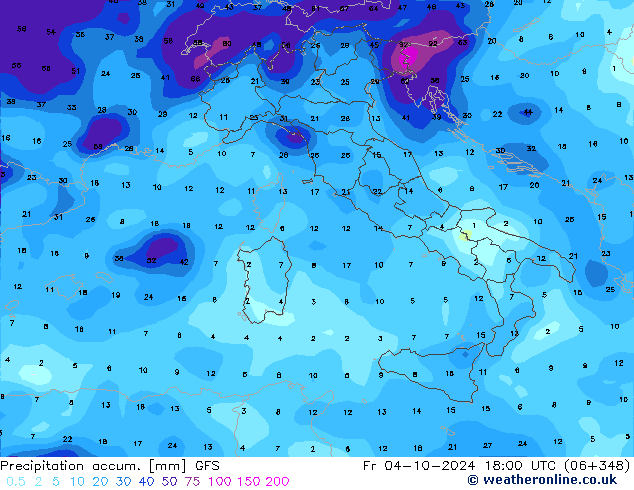 Precipitation accum. GFS Sex 04.10.2024 18 UTC