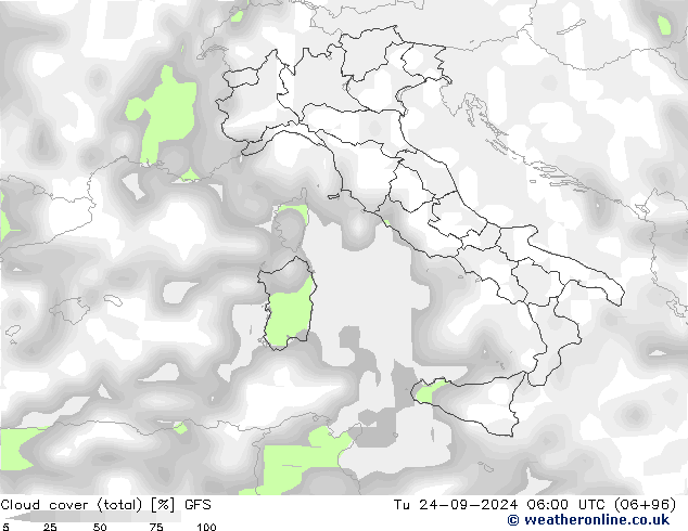 Cloud cover (total) GFS Út 24.09.2024 06 UTC