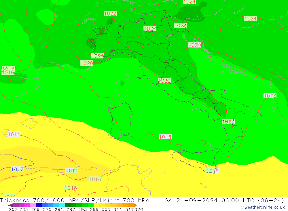 Thck 700-1000 hPa GFS Sa 21.09.2024 06 UTC