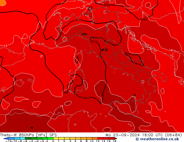 Theta-W 850hPa GFS Pzt 23.09.2024 18 UTC