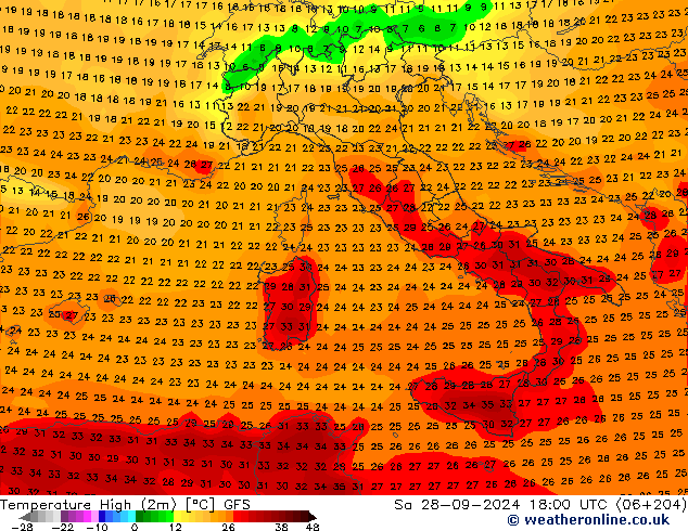 Temperature High (2m) GFS Sa 28.09.2024 18 UTC