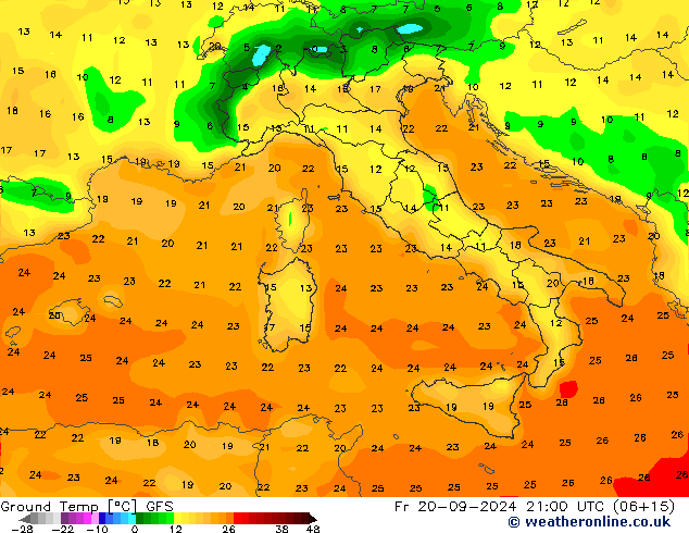 Teplota půdy GFS Pá 20.09.2024 21 UTC