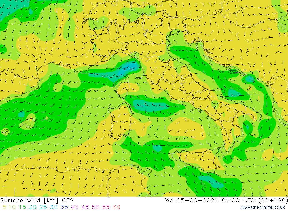 Viento 10 m GFS mié 25.09.2024 06 UTC