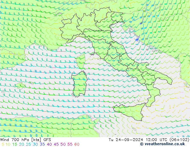 Wind 700 hPa GFS Tu 24.09.2024 12 UTC