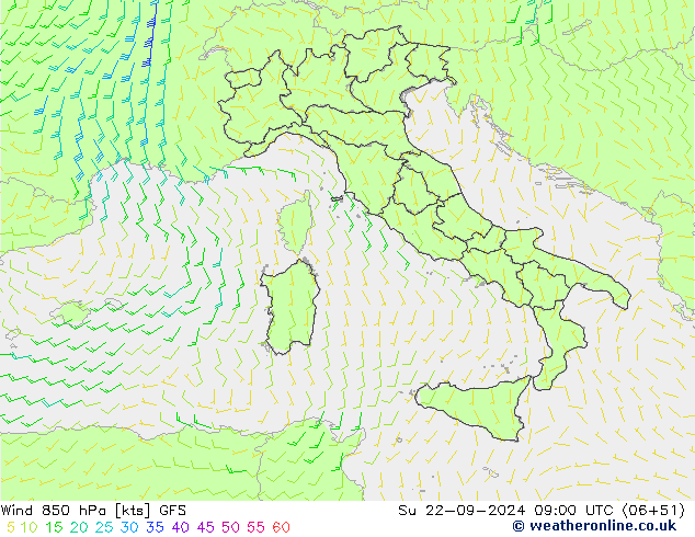 Viento 850 hPa GFS dom 22.09.2024 09 UTC