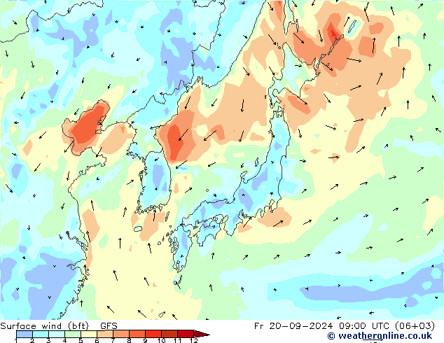 Bodenwind (bft) GFS Fr 20.09.2024 09 UTC