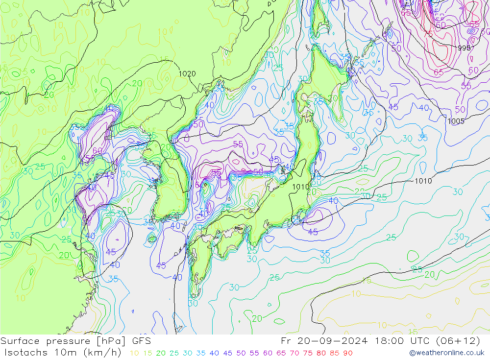 Isotachs (kph) GFS пт 20.09.2024 18 UTC