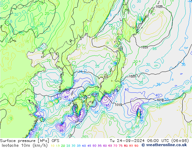 Isotachs (kph) GFS mar 24.09.2024 06 UTC