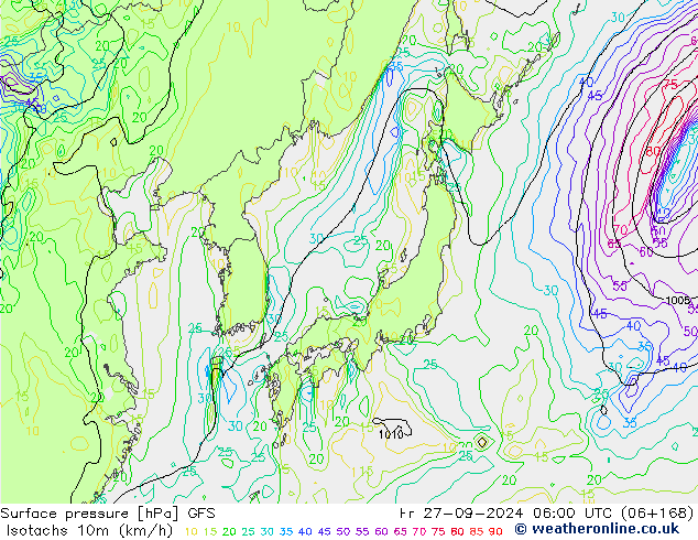 Isotachs (kph) GFS Fr 27.09.2024 06 UTC