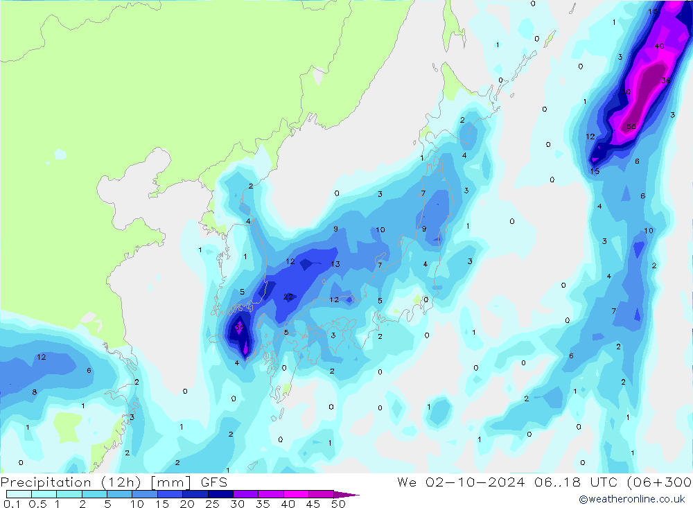 Precipitation (12h) GFS St 02.10.2024 18 UTC