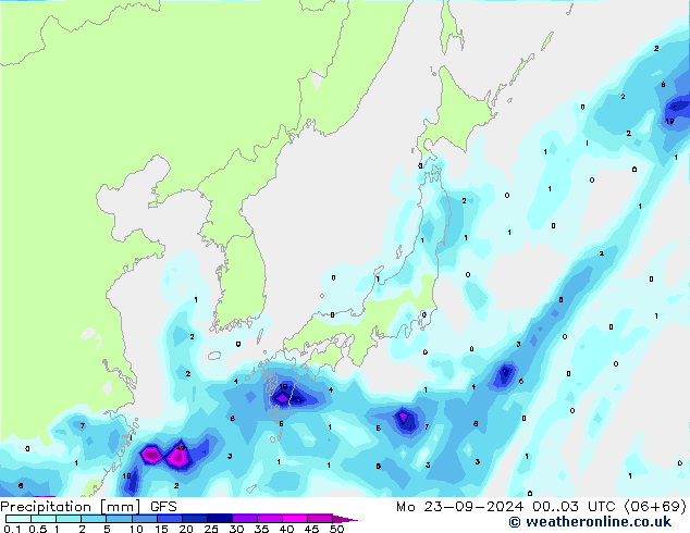 Srážky GFS Po 23.09.2024 03 UTC