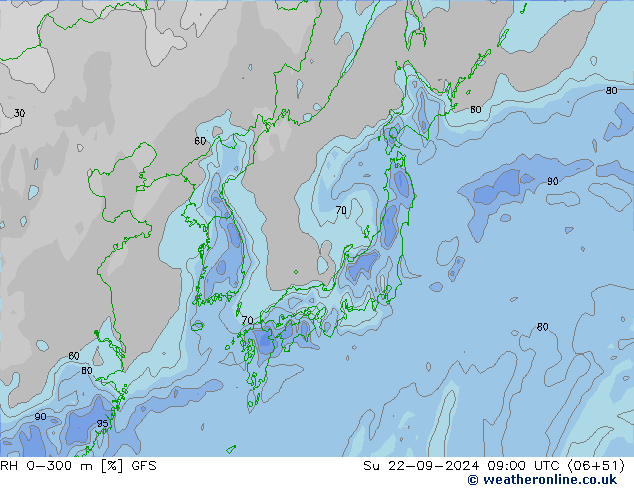 RH 0-300 m GFS Ne 22.09.2024 09 UTC