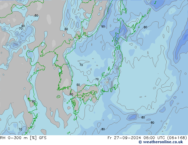 Humidité rel. 0-300 m GFS ven 27.09.2024 06 UTC