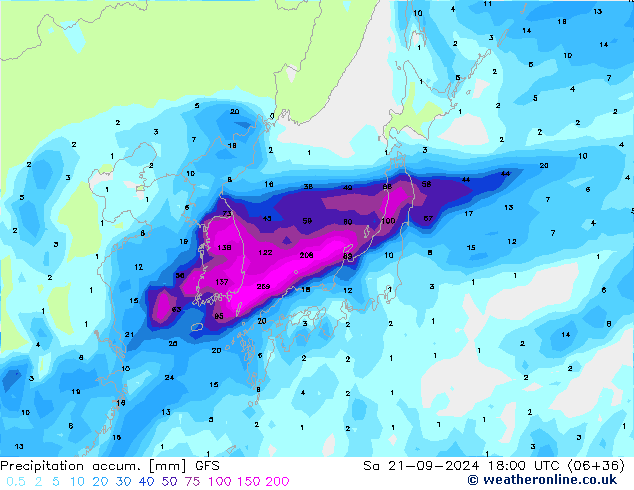 Precipitation accum. GFS Sa 21.09.2024 18 UTC