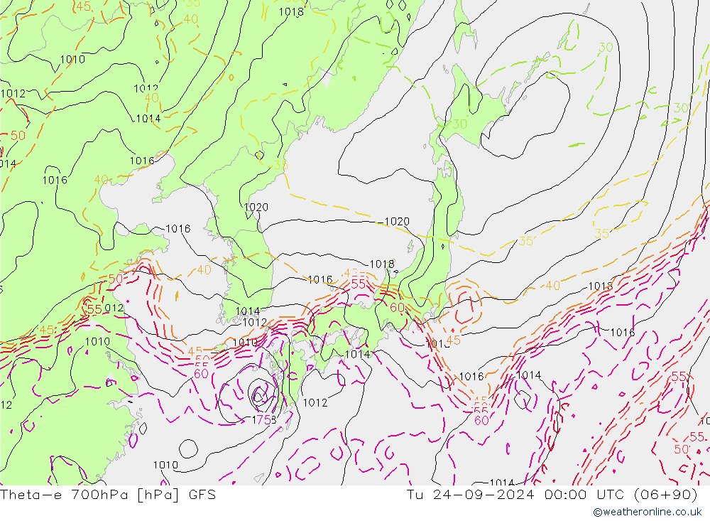 Theta-e 700hPa GFS di 24.09.2024 00 UTC