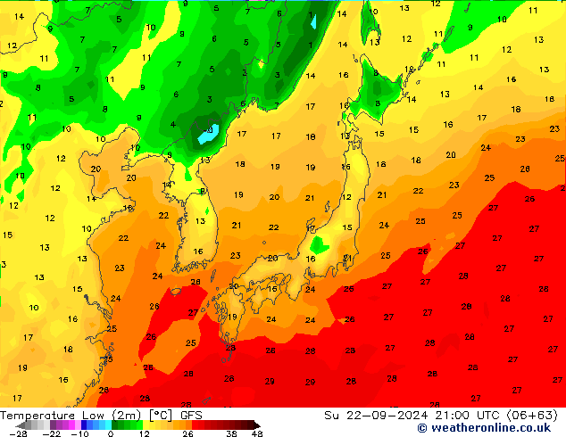 Temperatura mín. (2m) GFS dom 22.09.2024 21 UTC