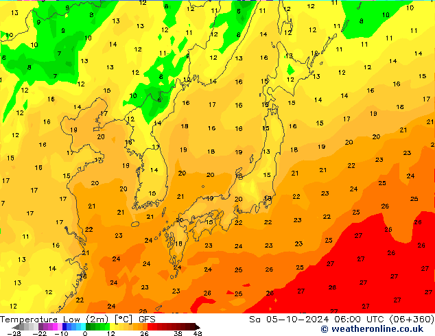 Temperatura mín. (2m) GFS sáb 05.10.2024 06 UTC