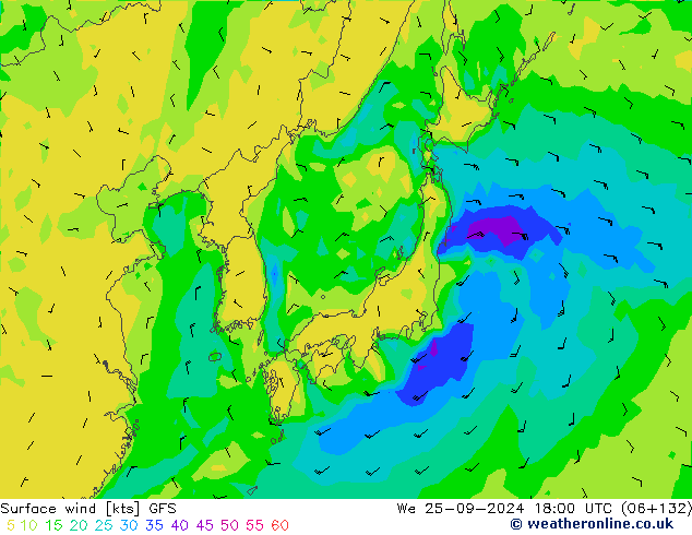 Prec 6h/Wind 10m/950 GFS ср 25.09.2024 18 UTC