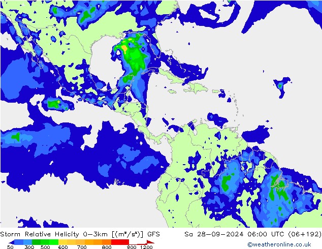 Storm Relative Helicity GFS Sa 28.09.2024 06 UTC